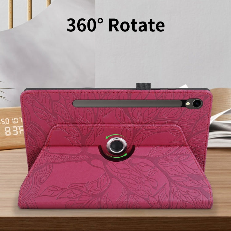 For Samsung Galaxy Tab S9 FE / S9 X510 Tree Life Embossed Rotation Leather Smart Tablet Case(Red) by bashfashion