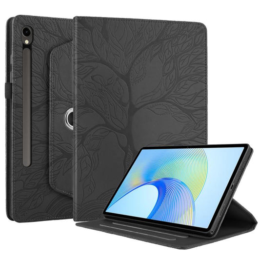 For Samsung Galaxy Tab S10 FE+ Tree Life Embossed Rotation Leather Smart Tablet Case(Black) by bashfashion