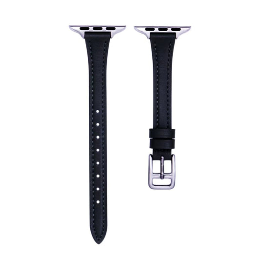 For Apple Watch Series 4 44mm T-shaped Slim Genuine Leather Watch Band(Black) by bashfashion