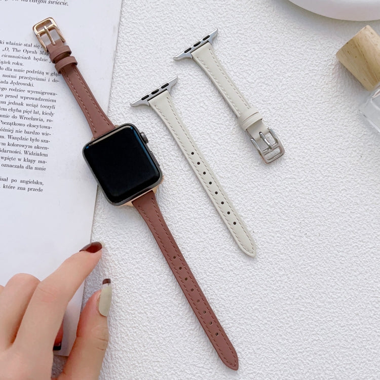 For Apple Watch Series 7 41mm T-shaped Slim Genuine Leather Watch Band(Light Brown) by bashfashion