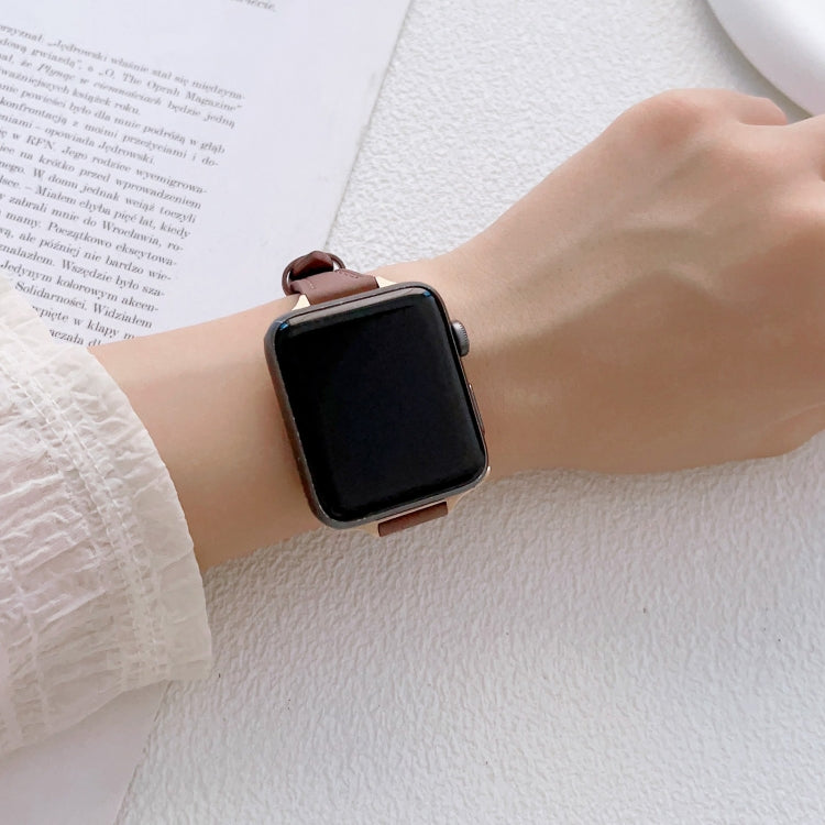 For Apple Watch 38mm T-shaped Slim Genuine Leather Watch Band(Light Brown) by bashfashion