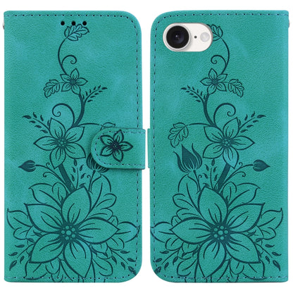 For iPhone 16e Lily Embossed Leather Phone Case(Green) by bashfashion