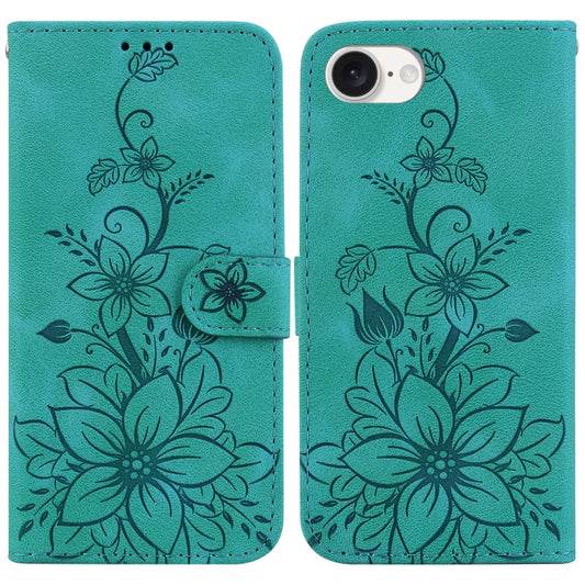 For iPhone 16e Lily Embossed Leather Phone Case(Green) by bashfashion
