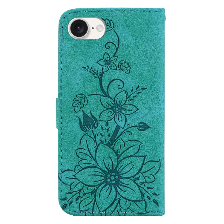 For iPhone 16e Lily Embossed Leather Phone Case(Green) by bashfashion