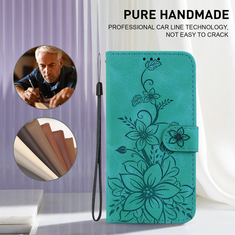 For iPhone 16e Lily Embossed Leather Phone Case(Green) by bashfashion