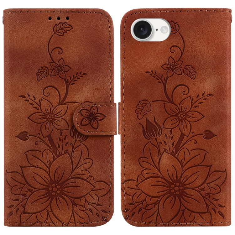 For iPhone 16e Lily Embossed Leather Phone Case(Brown) by bashfashion