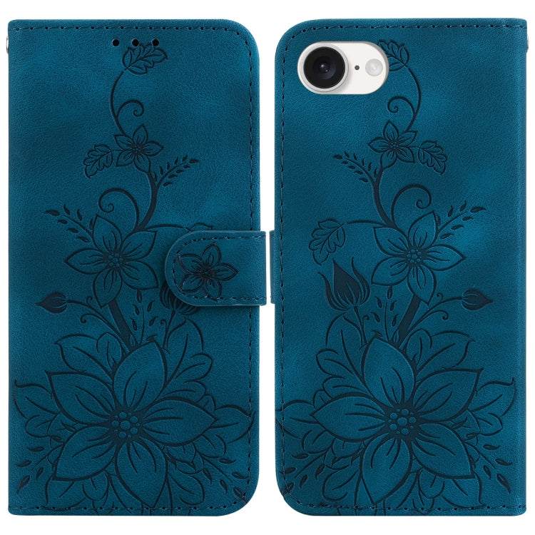 For iPhone 16e Lily Embossed Leather Phone Case(Dark Blue) by bashfashion