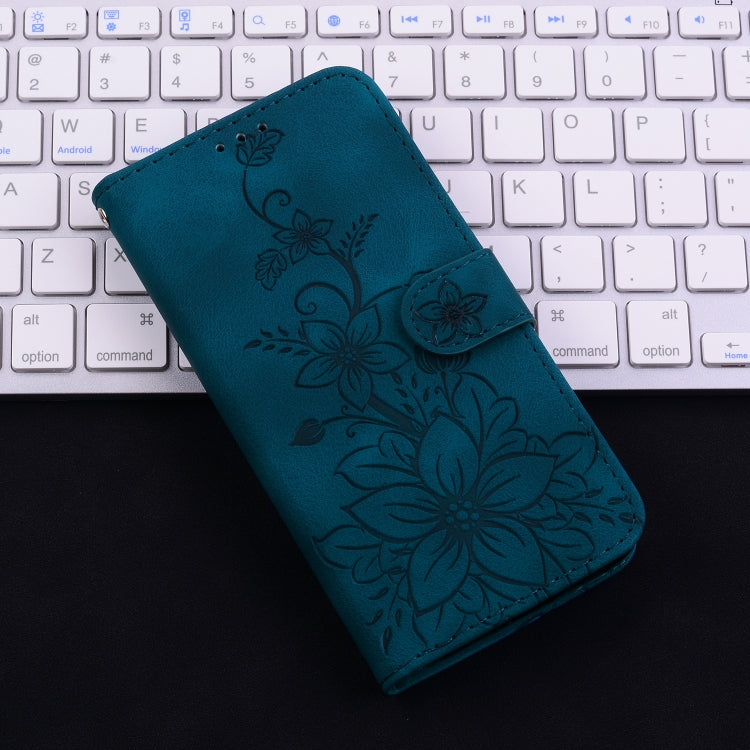 For iPhone 16e Lily Embossed Leather Phone Case(Dark Blue) by bashfashion