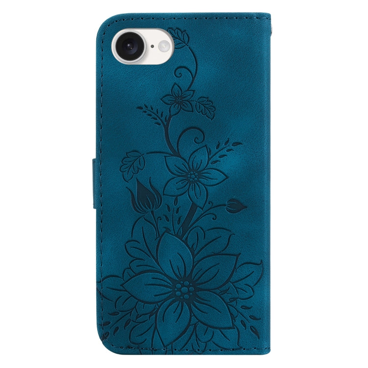 For iPhone 16e Lily Embossed Leather Phone Case(Dark Blue) by bashfashion