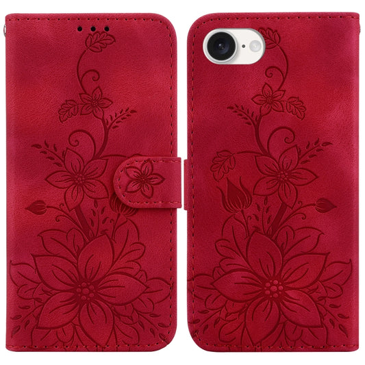 For iPhone 16e Lily Embossed Leather Phone Case(Red) by bashfashion