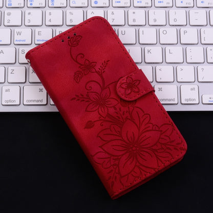For iPhone 16e Lily Embossed Leather Phone Case(Red) by bashfashion