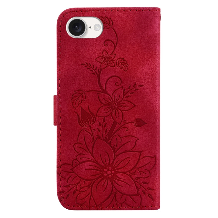 For iPhone 16e Lily Embossed Leather Phone Case(Red) by bashfashion