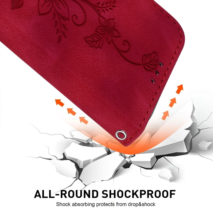 For iPhone 16e Lily Embossed Leather Phone Case(Red) by bashfashion