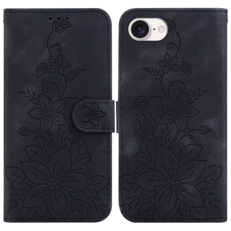 For iPhone 16e Lily Embossed Leather Phone Case(Black) by bashfashion