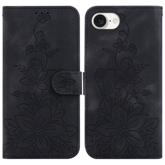 For iPhone 16e Lily Embossed Leather Phone Case(Black) by bashfashion