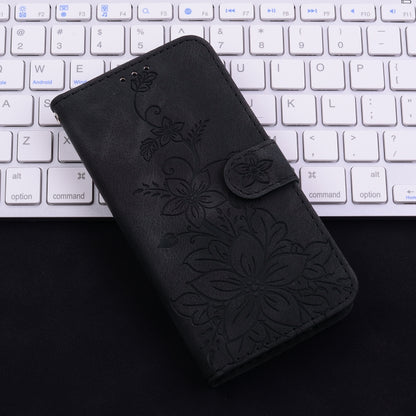 For iPhone 16e Lily Embossed Leather Phone Case(Black) by bashfashion
