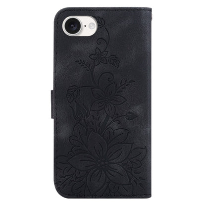 For iPhone 16e Lily Embossed Leather Phone Case(Black) by bashfashion