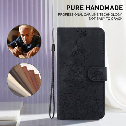 For iPhone 16e Lily Embossed Leather Phone Case(Black) by bashfashion