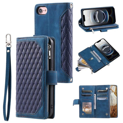 For iPhone 16e Grid Texture Zipper Leather Phone Case with Lanyard(Blue) by bashfashion
