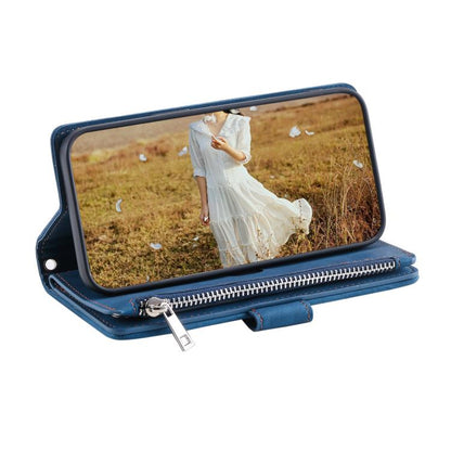 For iPhone 16e Grid Texture Zipper Leather Phone Case with Lanyard(Blue) by bashfashion