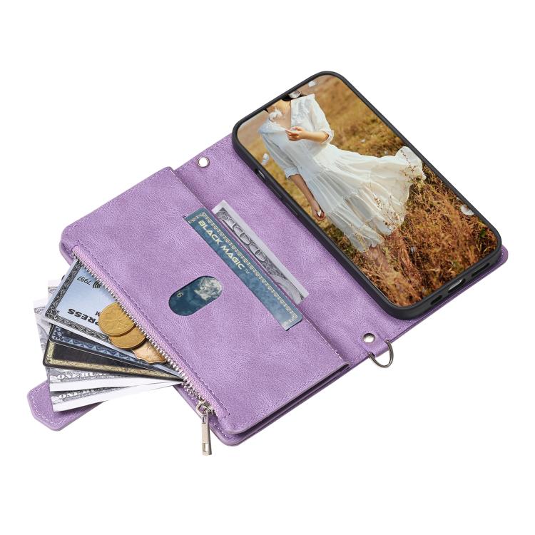 For iPhone 16e Grid Texture Zipper Leather Phone Case with Lanyard(Purple) by bashfashion