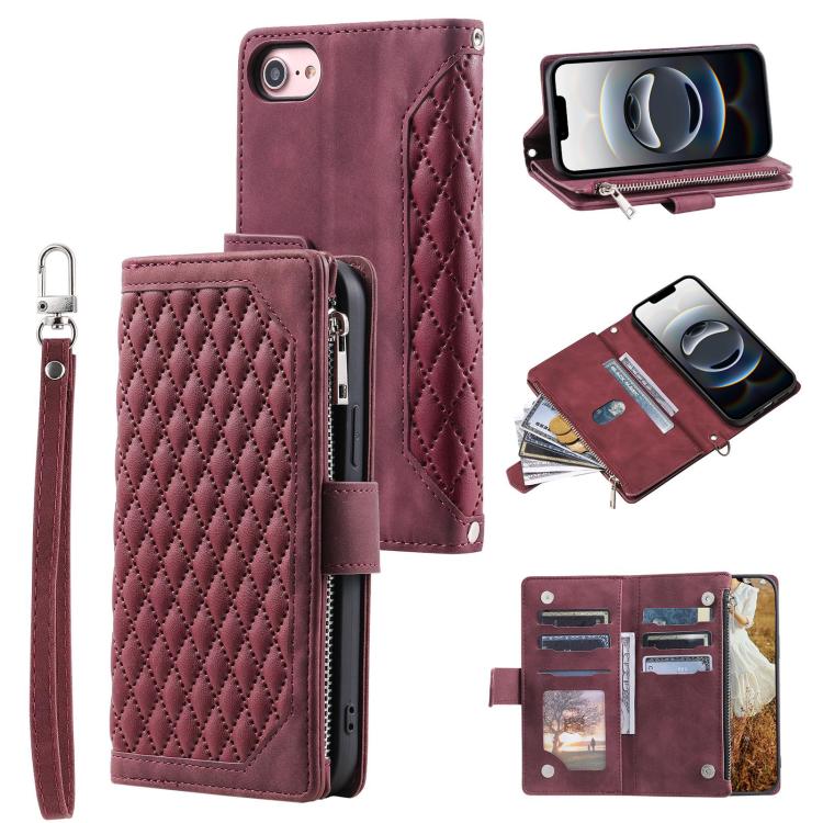 For iPhone 16e Grid Texture Zipper Leather Phone Case with Lanyard(Wine Red) by bashfashion