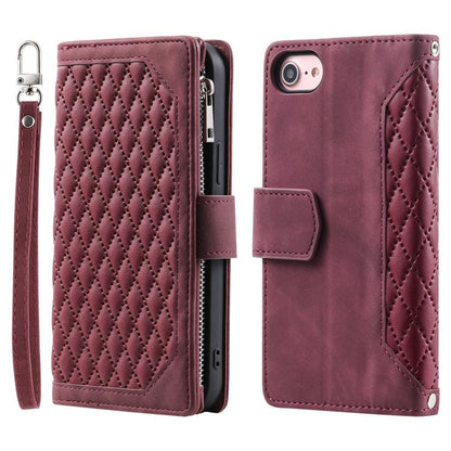 For iPhone 16e Grid Texture Zipper Leather Phone Case with Lanyard(Wine Red) by bashfashion