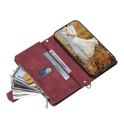 For iPhone 16e Grid Texture Zipper Leather Phone Case with Lanyard(Wine Red) by bashfashion