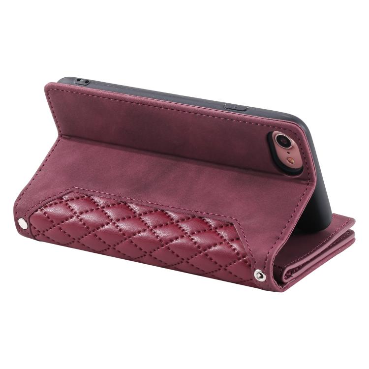 For iPhone 16e Grid Texture Zipper Leather Phone Case with Lanyard(Wine Red) by bashfashion