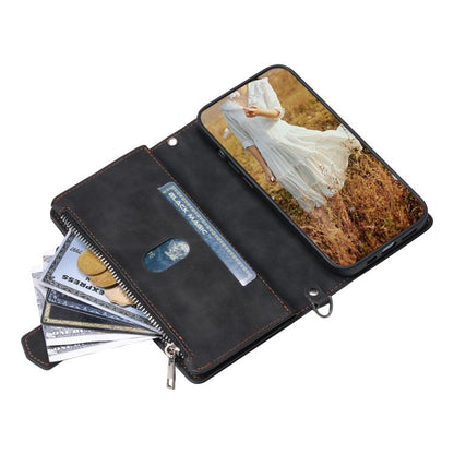 For iPhone 16e Grid Texture Zipper Leather Phone Case with Lanyard(Black) by bashfashion