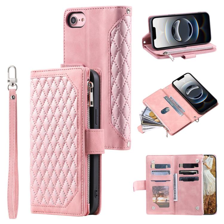 For iPhone 16e Grid Texture Zipper Leather Phone Case with Lanyard(Rose Gold) by bashfashion