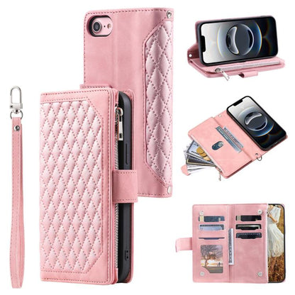 For iPhone 16e Grid Texture Zipper Leather Phone Case with Lanyard(Rose Gold) by bashfashion