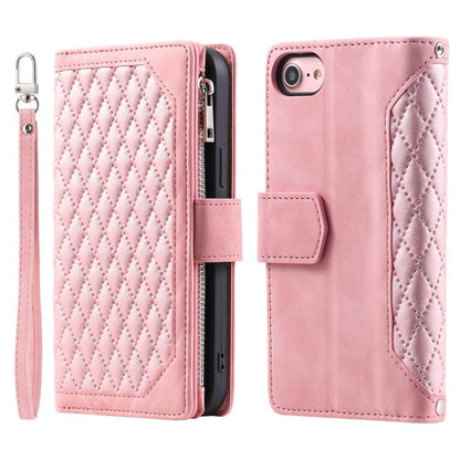 For iPhone 16e Grid Texture Zipper Leather Phone Case with Lanyard(Rose Gold) by bashfashion