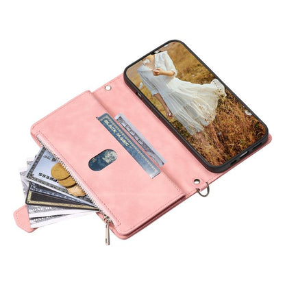 For iPhone 16e Grid Texture Zipper Leather Phone Case with Lanyard(Rose Gold) by bashfashion