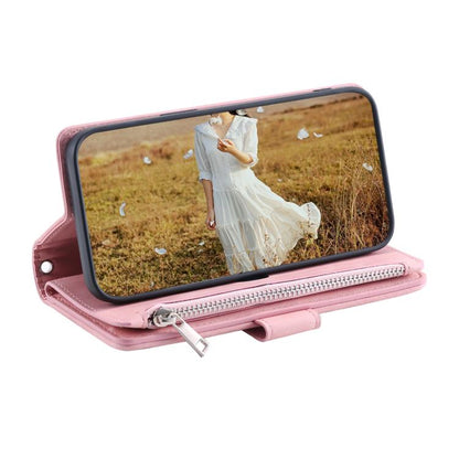 For iPhone 16e Grid Texture Zipper Leather Phone Case with Lanyard(Rose Gold) by bashfashion