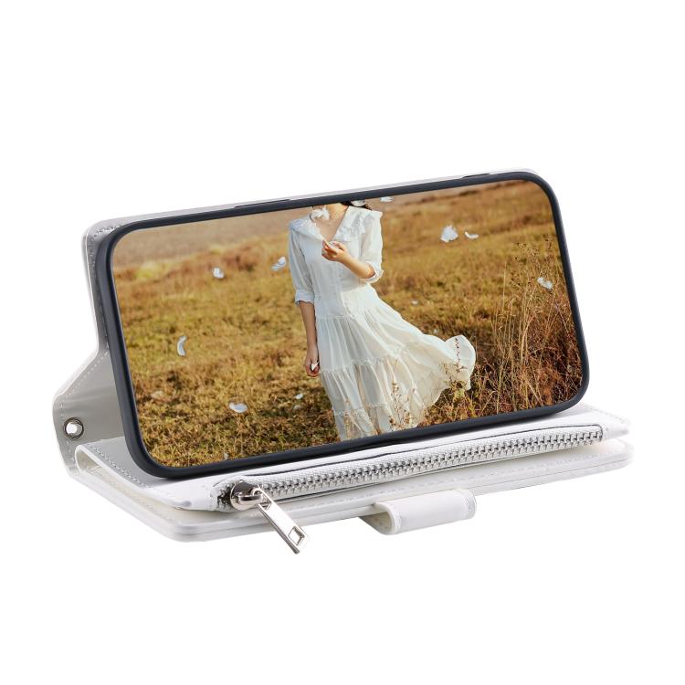 For iPhone 16e Grid Texture Zipper Leather Phone Case with Lanyard(White) by bashfashion