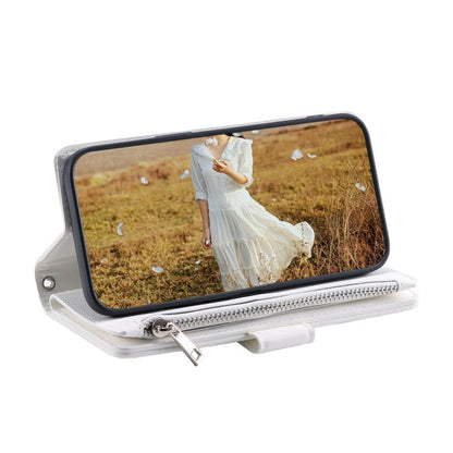 For iPhone 16e Grid Texture Zipper Leather Phone Case with Lanyard(White) by bashfashion