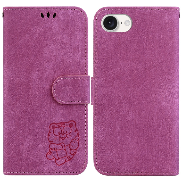For iPhone 16e Little Tiger Embossed Leather Phone Case(Rose Red) by bashfashion