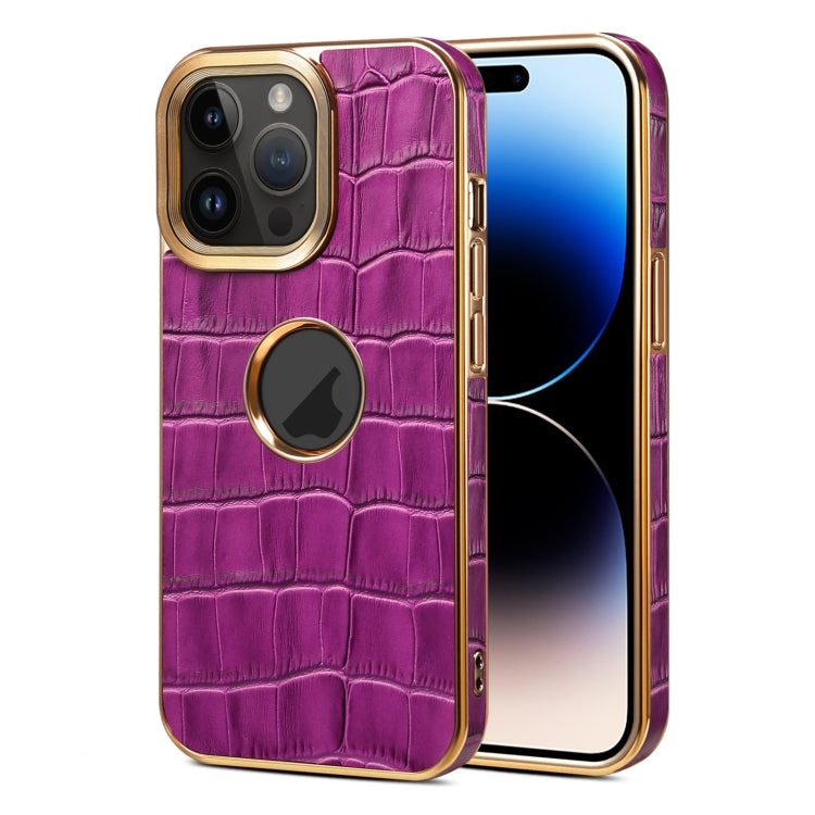 For iPhone 15 Pro Denior Crocodile Texture Genuine Leather Electroplating Phone Case(Purple) by Denior
