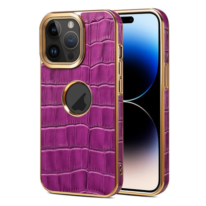 For iPhone 15 Pro Denior Crocodile Texture Genuine Leather Electroplating Phone Case(Purple) by Denior