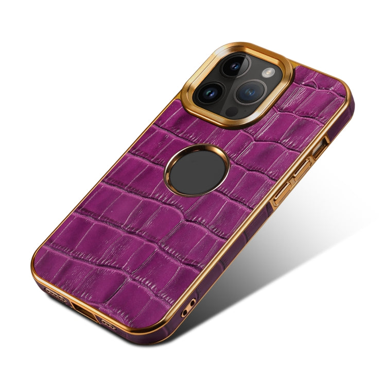 For iPhone 15 Pro Denior Crocodile Texture Genuine Leather Electroplating Phone Case(Purple) by Denior