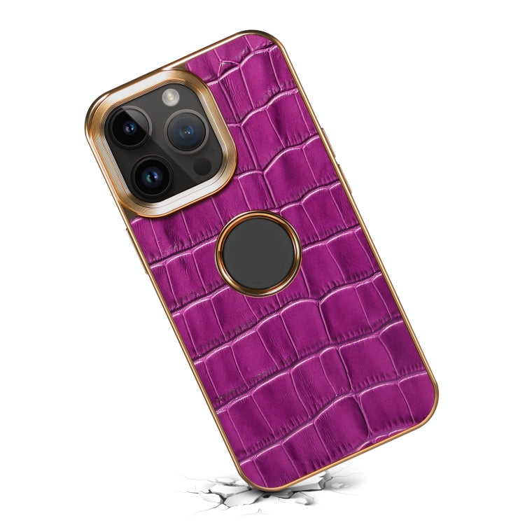 For iPhone 15 Pro Denior Crocodile Texture Genuine Leather Electroplating Phone Case(Purple) by Denior