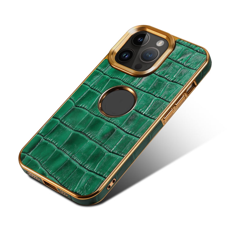 For iPhone 15 Pro Denior Crocodile Texture Genuine Leather Electroplating Phone Case(Green) by Denior