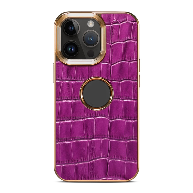 For iPhone 15 Plus Denior Crocodile Texture Genuine Leather Electroplating Phone Case(Purple) by Denior