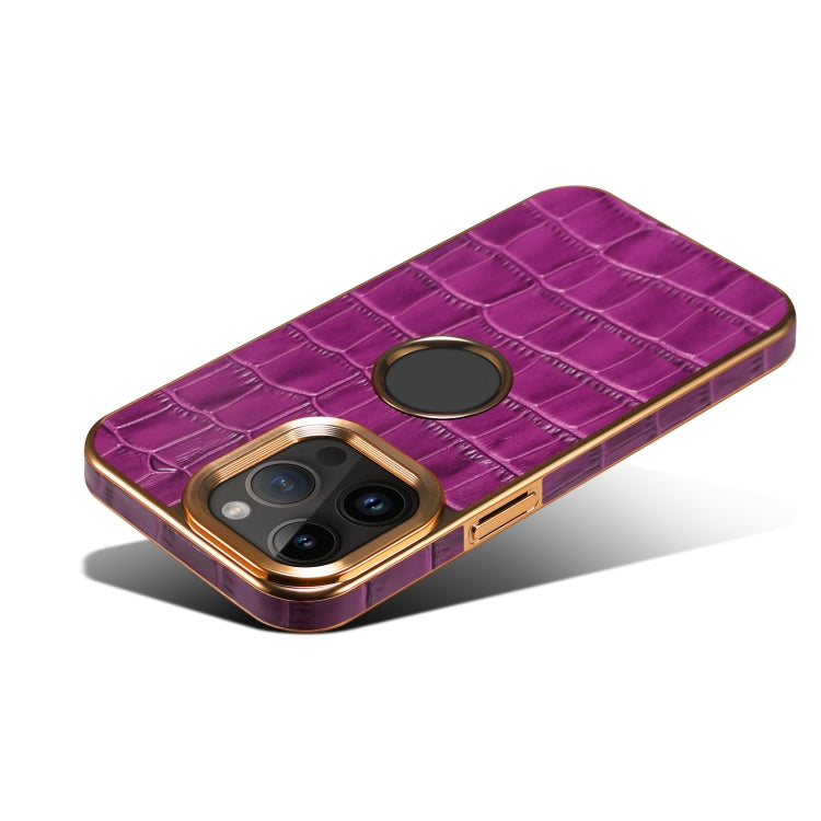 For iPhone 15 Denior Crocodile Texture Genuine Leather Electroplating Phone Case(Purple) by Denior
