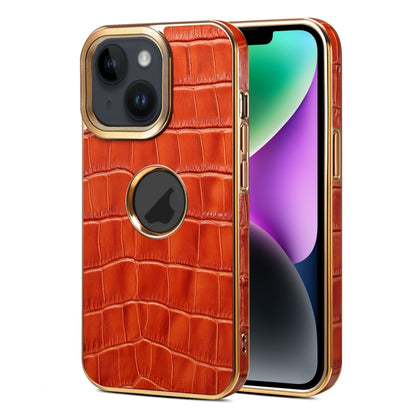 For iPhone 15 Denior Crocodile Texture Genuine Leather Electroplating Phone Case(Mocha Brown) by Denior