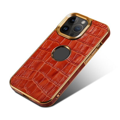For iPhone 15 Denior Crocodile Texture Genuine Leather Electroplating Phone Case(Mocha Brown) by Denior