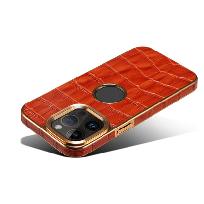 For iPhone 15 Denior Crocodile Texture Genuine Leather Electroplating Phone Case(Mocha Brown) by Denior