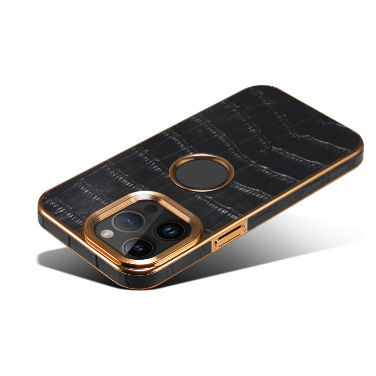 For iPhone 15 Denior Crocodile Texture Genuine Leather Electroplating Phone Case(Black) by Denior