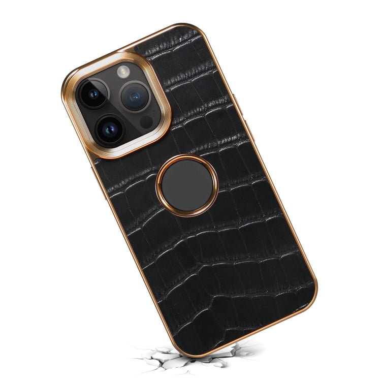 For iPhone 14 Pro Denior Crocodile Texture Genuine Leather Electroplating Phone Case(Black) by Denior